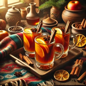Glass mugs of hot mulled cider with a warm, amber hue, garnished with orange zest, cinnamon sticks, and cloves. The mugs are arranged on a rustic Mexican-style ceramic tray, surrounded by vibrant textiles, cinnamon sticks, and whole spices, creating a cozy holiday atmosphere. Warm natural lighting highlights the cider’s rich color and festive details, perfect for a Christmas gathering.