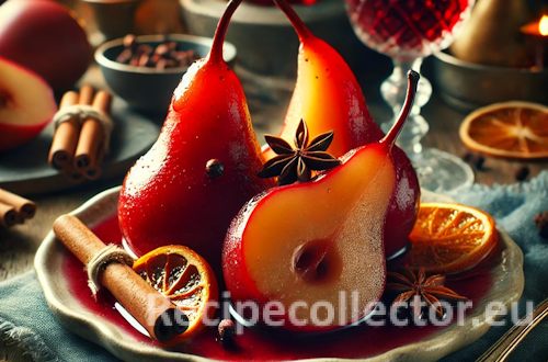 Tender halved pears poached in red wine, served on a rustic ceramic plate with spiced syrup, garnished with cinnamon, citrus zest, and star anise on a cozy wooden winter table.