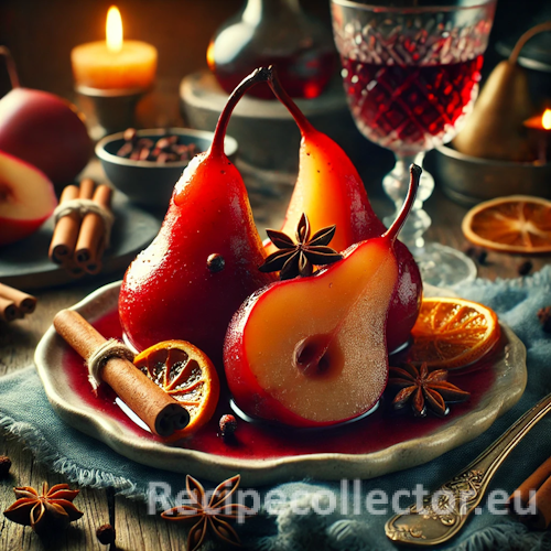 Tender halved pears poached in red wine, served on a rustic ceramic plate with spiced syrup, garnished with cinnamon, citrus zest, and star anise on a cozy wooden winter table.