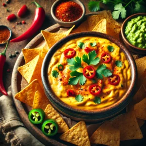 Warm vegan chili queso dip in a rustic bowl, garnished with red chilies, cilantro, and smoked paprika, surrounded by tortilla chips, jalapeño slices, and guacamole on a wooden table.