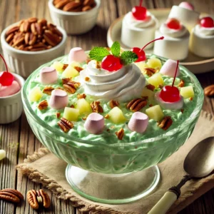 A bowl of Watergate salad on a rustic wooden table, featuring a creamy, pastel-green mixture of pistachio pudding, crushed pineapple, mini marshmallows, and whipped topping, garnished with chopped pecans and maraschino cherries. Extra marshmallows and pecans are scattered around for decoration. The salad is served in a glass bowl, accompanied by a small dish of whipped cream and a spoon. Soft natural lighting enhances the nostalgic, inviting tones.
