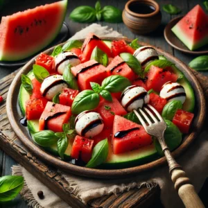 A plate of watermelon Caprese salad with juicy watermelon cubes, fresh mozzarella balls, and basil leaves, drizzled with balsamic glaze on a rustic wooden table. A serving fork lifts a portion to showcase the fresh ingredients. A cozy napkin and wooden plate enhance the warm, inviting atmosphere.