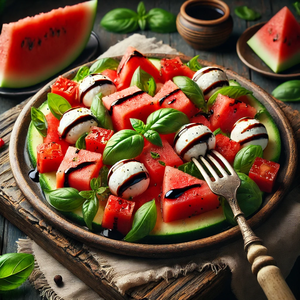A plate of watermelon Caprese salad with juicy watermelon cubes, fresh mozzarella balls, and basil leaves, drizzled with balsamic glaze on a rustic wooden table. A serving fork lifts a portion to showcase the fresh ingredients. A cozy napkin and wooden plate enhance the warm, inviting atmosphere.