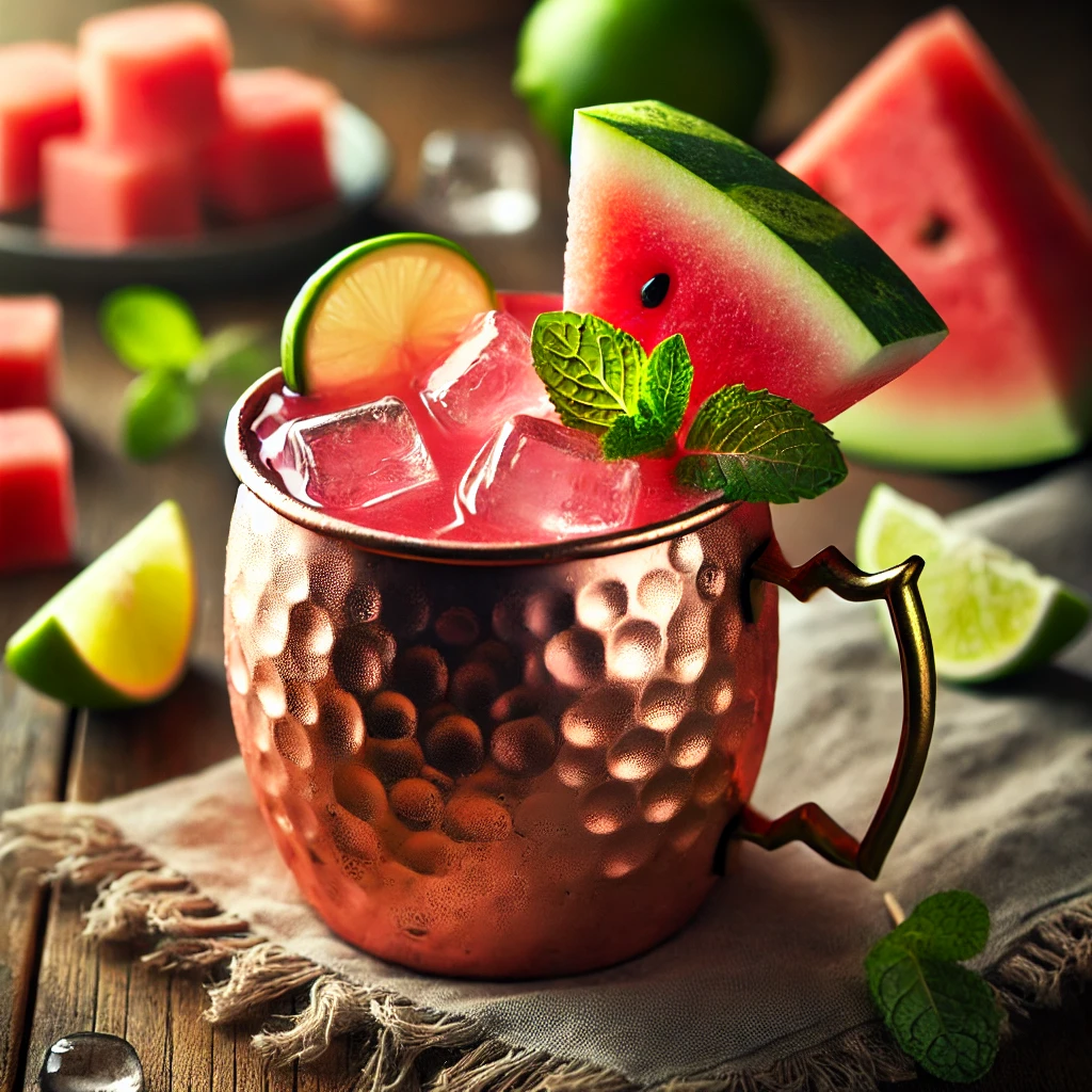A beautifully crafted Watermelon Mule cocktail in a copper mug filled with ice, garnished with a fresh watermelon slice and a sprig of mint. The mug sits on a rustic wooden table with scattered watermelon cubes and lime wedges, highlighted by soft, natural lighting for a refreshing and summery atmosphere.