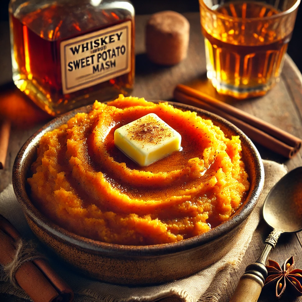 A bowl of creamy whiskey-infused sweet potato mash garnished with cinnamon and melting butter, served on a rustic wooden table with a bottle of whiskey and cinnamon sticks in the background.
