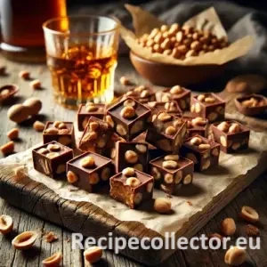 No-bake chocolate bites with chopped peanuts on a parchment-lined board, whiskey glass in background, cozy rustic kitchen scene