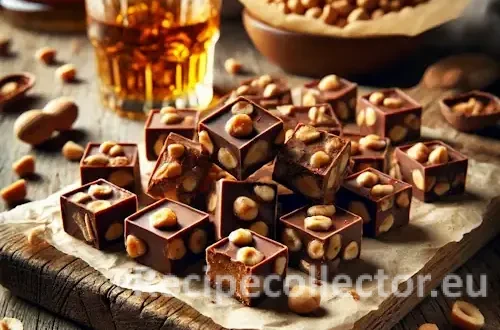No-bake chocolate bites with chopped peanuts on a parchment-lined board, whiskey glass in background, cozy rustic kitchen scene