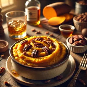 Whiskey Sweet Potato Mash in a rustic ceramic bowl, featuring creamy mashed sweet potatoes blended with butter, whiskey, brown sugar, and warm spices. Garnished with toasted pecans and maple syrup, set on a wooden table with a glass of whiskey and a bowl of extra toasted pecans in the softly blurred background.