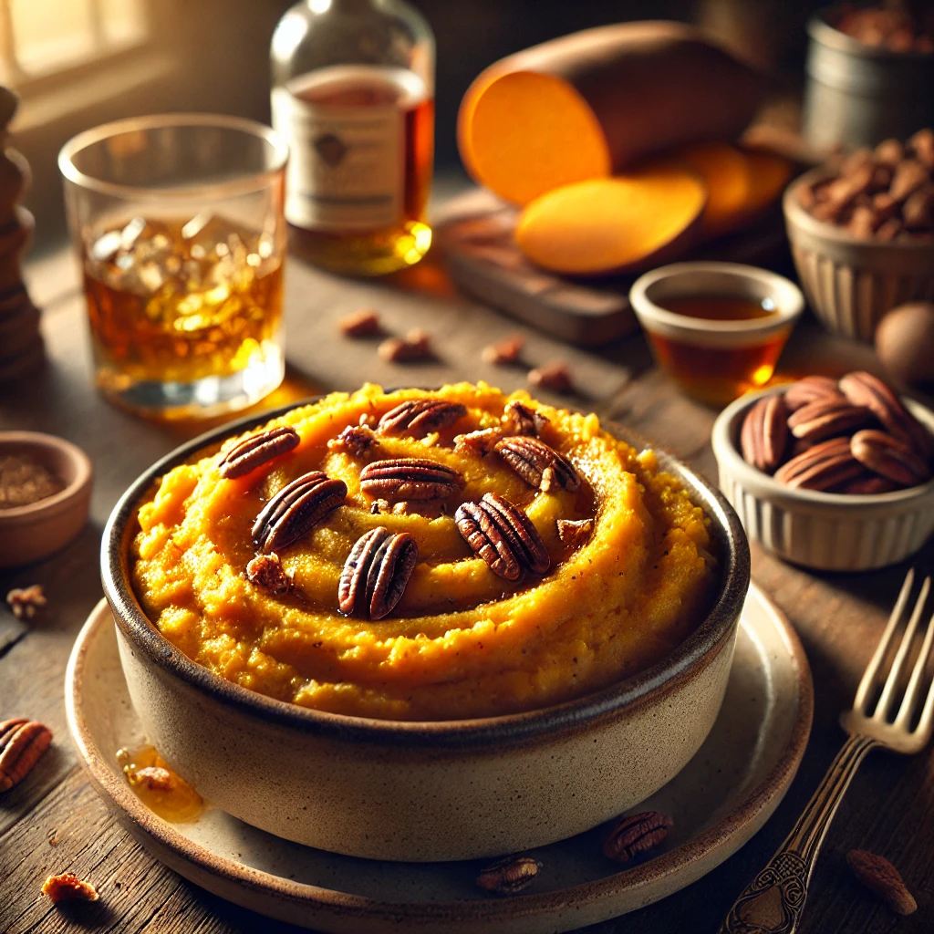 Whiskey Sweet Potato Mash in a rustic ceramic bowl, featuring creamy mashed sweet potatoes blended with butter, whiskey, brown sugar, and warm spices. Garnished with toasted pecans and maple syrup, set on a wooden table with a glass of whiskey and a bowl of extra toasted pecans in the softly blurred background.