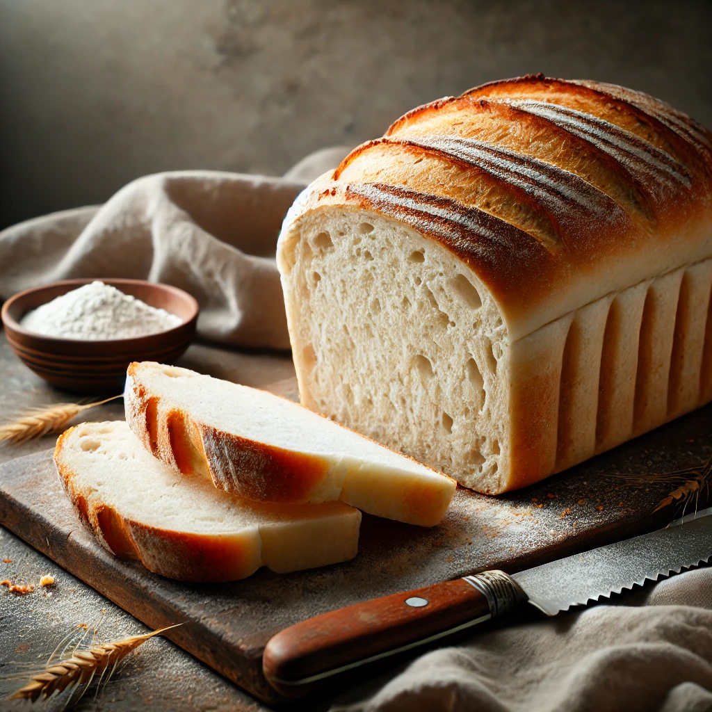 A freshly baked loaf of white bread on a rustic wooden table, featuring a soft, fluffy interior with a golden-brown crust. A few slices are cut and placed beside the loaf, revealing the airy, delicate crumb. A serrated bread knife and scattered flour add to the homemade charm. Soft natural lighting enhances the warm, inviting tones.
