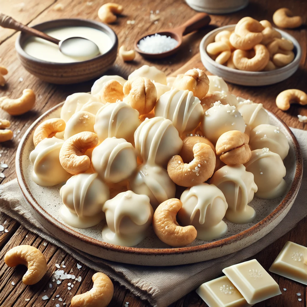 A plate of white chocolate cashew clusters on a rustic wooden table, featuring creamy, melted white chocolate generously coating whole cashews. Some clusters are drizzled with extra white chocolate for decoration, while others have a sprinkle of sea salt or chopped cashews on top. The plate rests on a wooden cutting board, with scattered cashews, white chocolate pieces, and a small dish of melted white chocolate nearby. Soft natural lighting enhances the warm, inviting tones.