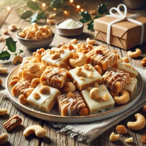 A plate of golden white chocolate cashew toffee, generously coated with creamy white chocolate and sprinkled with chopped cashews, on a rustic wooden table. Some pieces are broken to reveal the crunchy texture inside, with whole cashews and a drizzle of white chocolate decorating the scene. The setting has soft, natural lighting and a cozy holiday touch.