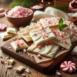 A rustic presentation of white chocolate peppermint bark, elegantly arranged on a wooden table. The bark is broken into irregular pieces, showcasing swirls of creamy white chocolate with crushed candy canes sprinkled on top. Some pieces are stacked on a wooden cutting board, while others are scattered around with additional crushed peppermint and chocolate shavings. Soft natural lighting enhances the festive and inviting feel, with gentle shadows and a hint of evergreen sprigs in the background for a holiday touch.