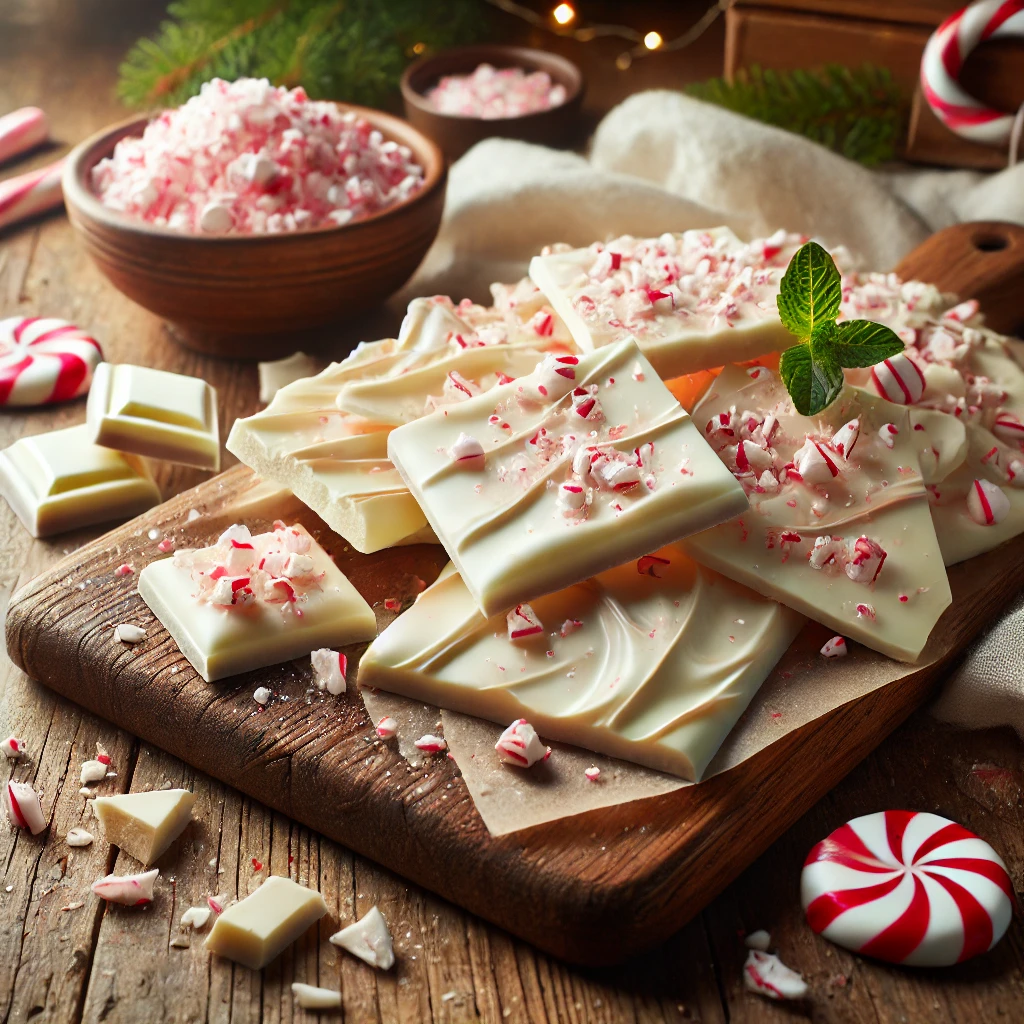 A rustic presentation of white chocolate peppermint bark, elegantly arranged on a wooden table. The bark is broken into irregular pieces, showcasing swirls of creamy white chocolate with crushed candy canes sprinkled on top. Some pieces are stacked on a wooden cutting board, while others are scattered around with additional crushed peppermint and chocolate shavings. Soft natural lighting enhances the festive and inviting feel, with gentle shadows and a hint of evergreen sprigs in the background for a holiday touch.