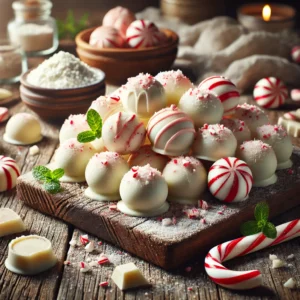 A rustic presentation of white chocolate peppermint truffles, elegantly arranged on a wooden table. The truffles are smooth, creamy white chocolate spheres infused with refreshing peppermint flavor, coated in crushed candy canes and drizzled with melted white chocolate. Some truffles are stacked on a wooden cutting board, while others are scattered to showcase their velvety texture. Whole peppermint candies and a dusting of powdered sugar add extra festive charm. Scattered around are white chocolate shavings, a small dish of extra crushed candy canes, and subtle holiday decorations. Soft natural lighting enhances the warm and inviting feel, with gentle shadows and a hint of rustic holiday charm in the background.