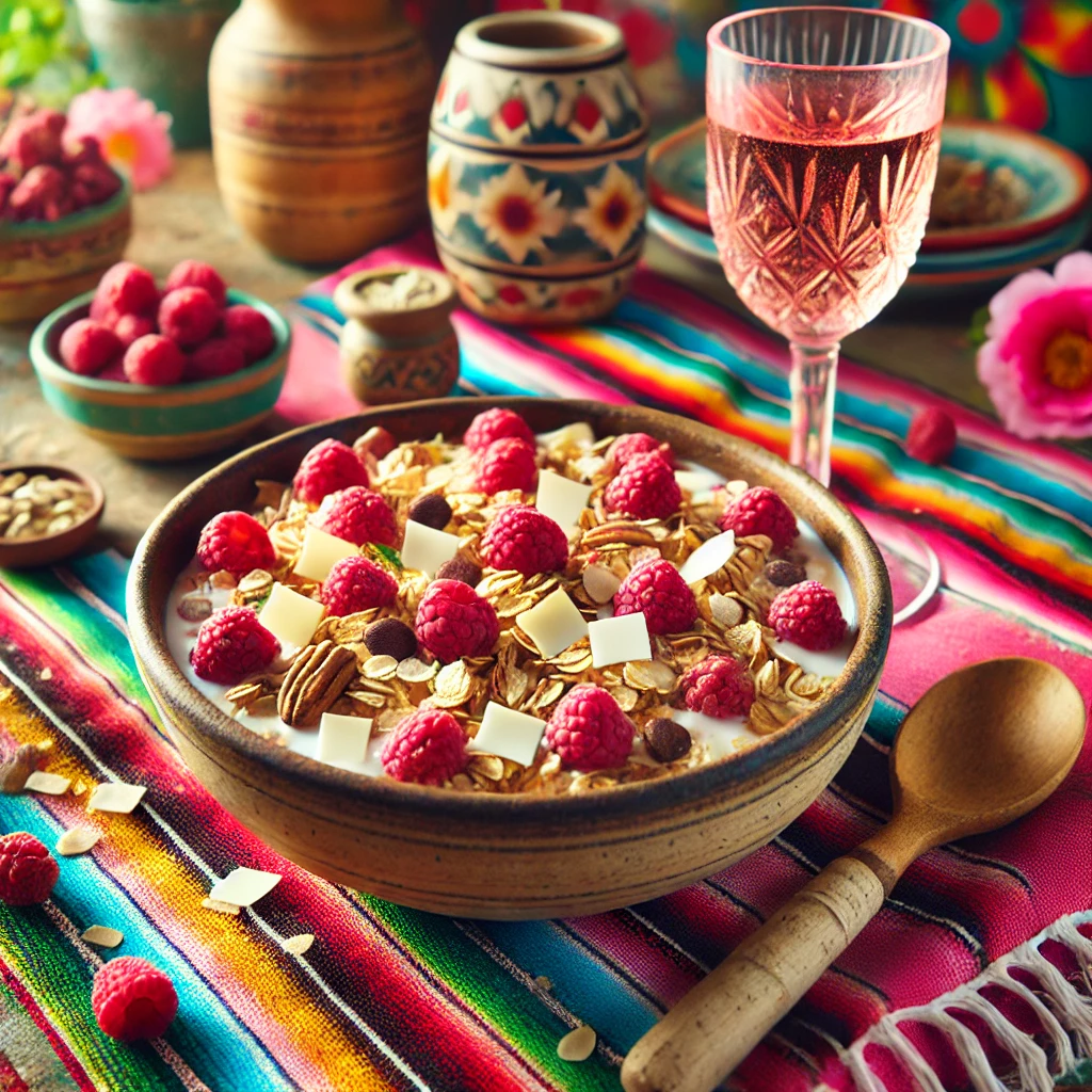 A vibrant and colorful breakfast setting featuring white chocolate raspberry granola served in a rustic bowl. The granola includes oats, dried raspberries, white chocolate chips, shredded coconut, and nuts. It is arranged on a colorful Mexican-style tablecloth, accompanied by a glass of sparkling rosé and a wooden spoon, with bright natural light enhancing the inviting and fresh appearance of the dish.