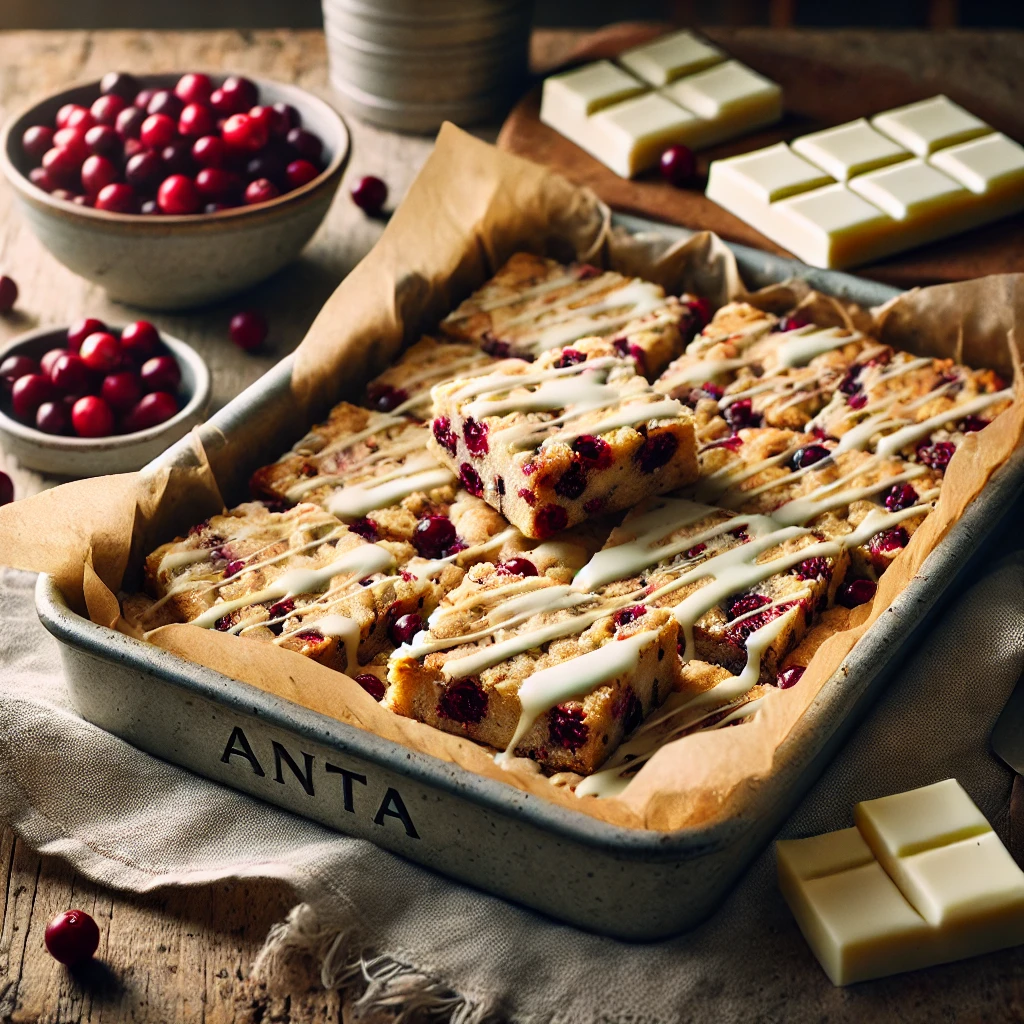 White Chocolate and Cranberry Flapjacks arranged in an ANTA baking dish lined with greaseproof paper, golden brown with cranberries and a drizzle of melted white chocolate. A few squares are plated nearby, styled on a rustic wooden table with a bowl of cranberries, a block of white chocolate, and a linen napkin, bathed in soft natural light for a cozy and inviting dessert presentation.