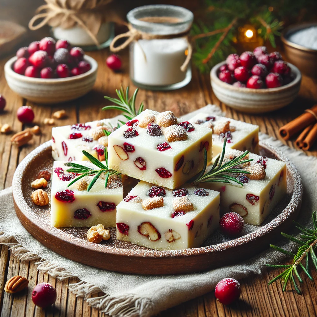 A plate of White Christmas Bars with a white chocolate base, studded with dried cranberries, chopped nuts, and coconut flakes, dusted with powdered sugar on a rustic wooden table. Fresh cranberries and sprigs of rosemary add a festive touch, with a cozy napkin and wooden plate enhancing the warm, inviting atmosphere.
