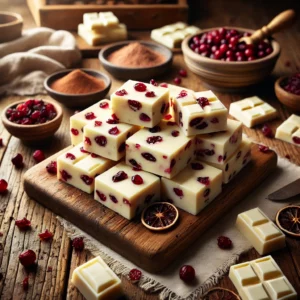 A rustic presentation of white chocolate and cranberry fudge, elegantly arranged on a wooden table. The fudge is cut into smooth, creamy squares of white chocolate, studded with vibrant dried cranberries for a festive contrast. Some pieces are stacked neatly on a wooden cutting board, while others are scattered to showcase the rich, velvety texture. A sprinkle of extra dried cranberries and a drizzle of melted white chocolate add extra flavor. Scattered around are whole cranberries, cocoa powder, and a small dish of extra dried fruit. Soft natural lighting enhances the warm and inviting feel, with gentle shadows and a hint of rustic holiday charm in the background.
