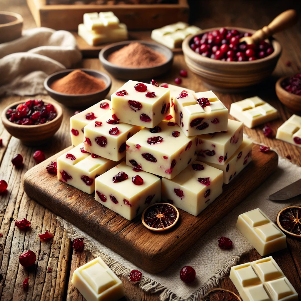 A rustic presentation of white chocolate and cranberry fudge, elegantly arranged on a wooden table. The fudge is cut into smooth, creamy squares of white chocolate, studded with vibrant dried cranberries for a festive contrast. Some pieces are stacked neatly on a wooden cutting board, while others are scattered to showcase the rich, velvety texture. A sprinkle of extra dried cranberries and a drizzle of melted white chocolate add extra flavor. Scattered around are whole cranberries, cocoa powder, and a small dish of extra dried fruit. Soft natural lighting enhances the warm and inviting feel, with gentle shadows and a hint of rustic holiday charm in the background.
