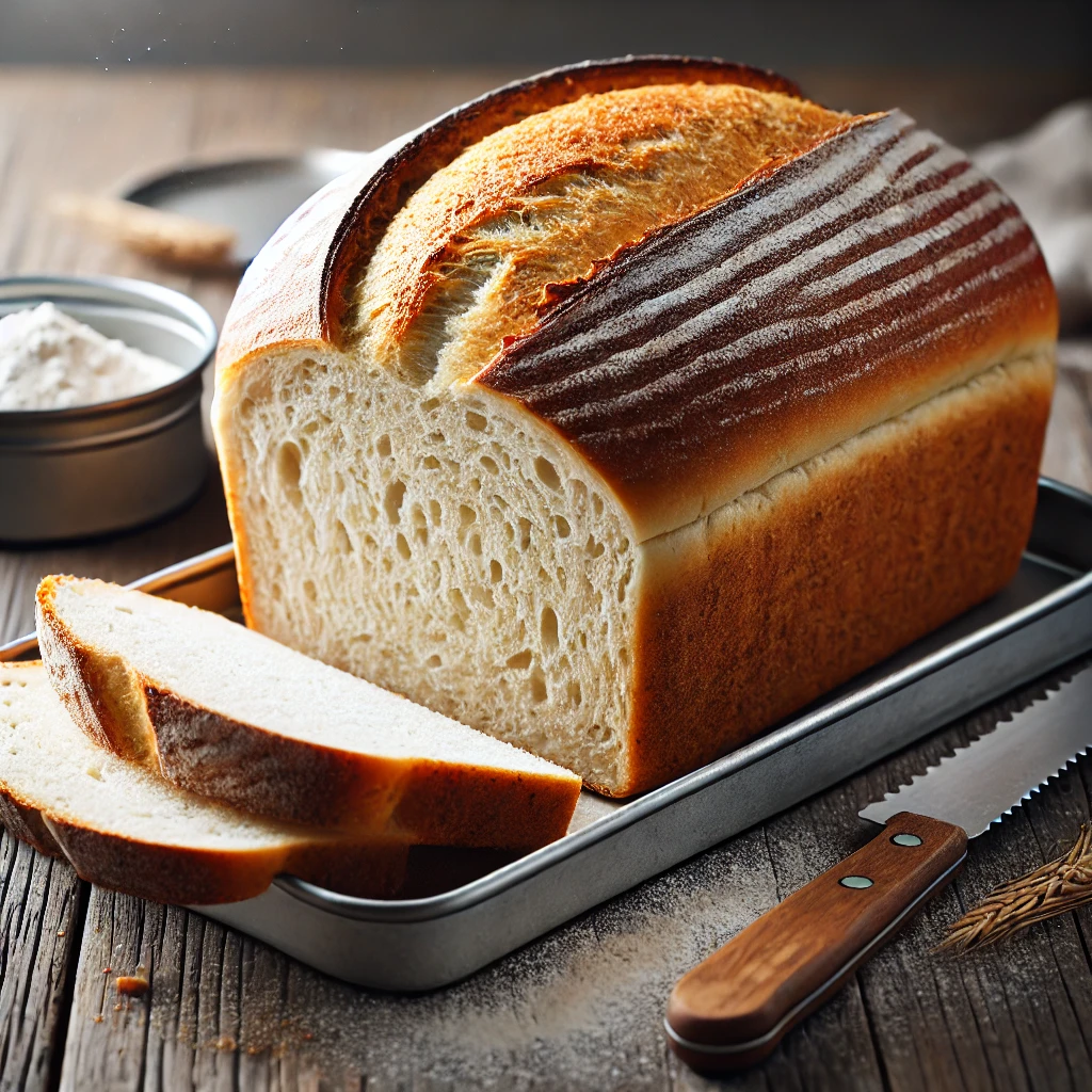 A freshly baked loaf of white or wholemeal tin bread on a rustic wooden table, featuring a beautifully risen, golden-brown crust and a soft, fluffy interior. A few slices are cut and placed beside the loaf, showcasing the even crumb texture. The bread rests in or near its baking tin, with scattered flour and a bread knife adding to the homemade charm. Soft natural lighting enhances the warm, inviting tones.