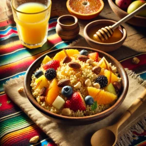 A wholesome and inviting breakfast setting featuring whole wheat couscous served in a rustic bowl. The couscous is topped with fresh fruit slices, nuts, and a drizzle of honey, placed on a colorful Mexican-style tablecloth. The scene includes a glass of orange juice, a small dish of honey, and a wooden spoon, illuminated by bright natural light to enhance the fresh and cozy atmosphere.