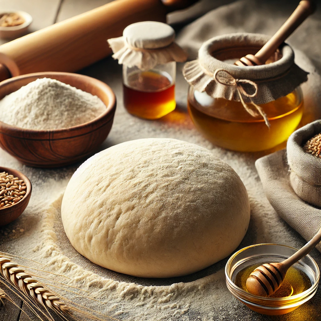 A smooth, round ball of whole wheat dough rests on a floured wooden surface, lightly coated with olive oil. Surrounding the dough are a small bowl of whole wheat flour, a jar of honey, a packet of dry yeast, and a small dish of olive oil. A folded linen napkin and a wooden rolling pin complete the rustic and inviting setup, highlighted by soft natural light.