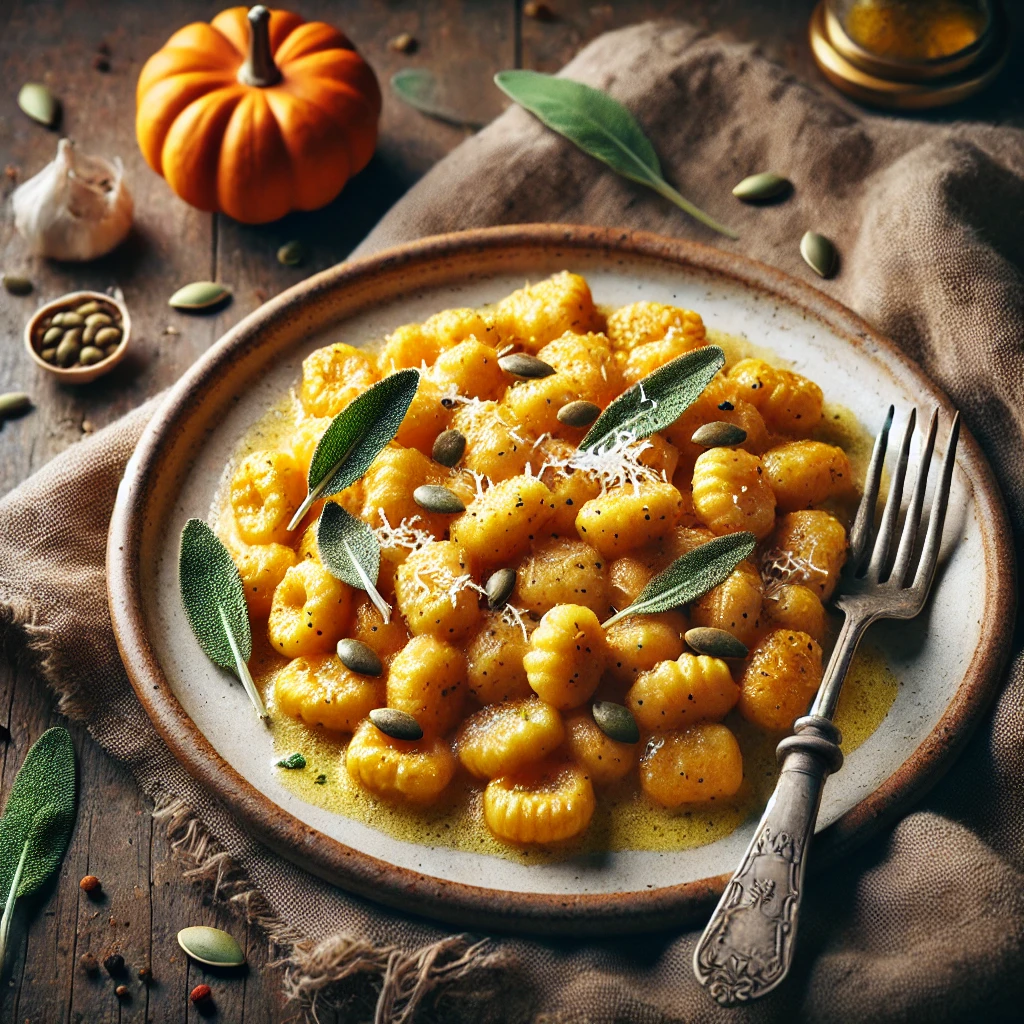 A plate of homemade whole wheat pumpkin gnocchi on a rustic wooden table, golden-brown with a rustic texture, coated in a sage butter sauce. Garnished with freshly grated Parmesan, toasted pumpkin seeds, and black pepper, with a fork resting on the plate and fresh sage leaves scattered around. Soft natural lighting enhances the warm, autumnal tones.