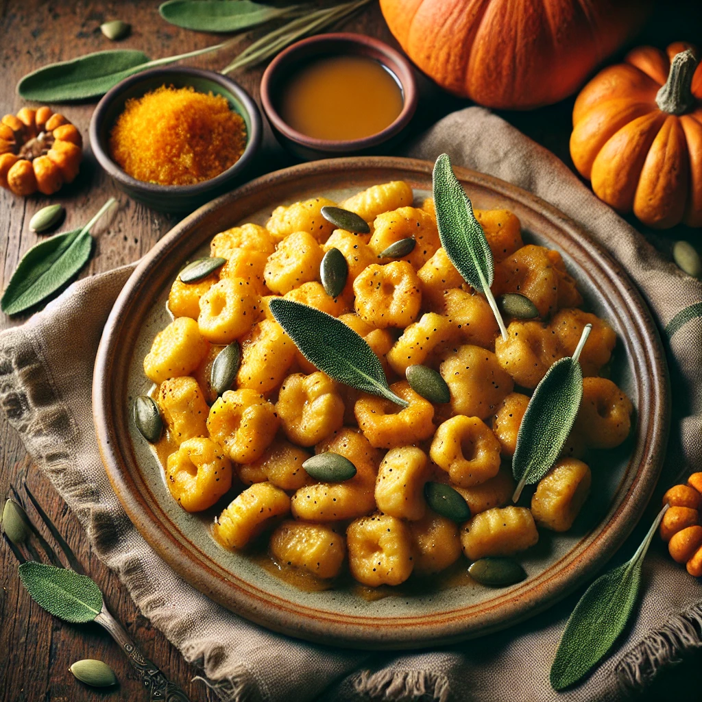 A rustic plate of Whole Wheat Pumpkin Gnocchi sautéed in sage-infused brown butter, garnished with crispy sage leaves, toasted pumpkin seeds, and vegan Parmesan, set on a wooden table with a bowl of brown butter nearby.