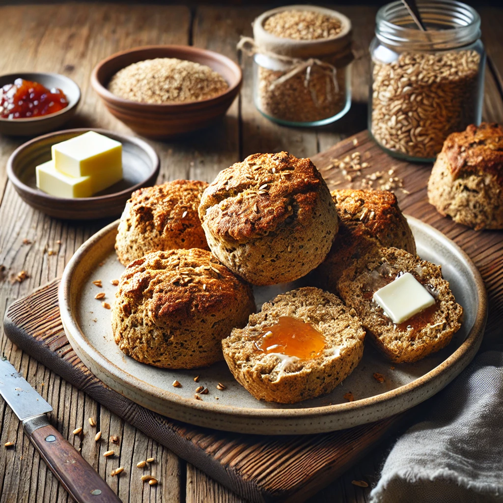 A plate of freshly baked wholemeal scones on a rustic wooden table, featuring golden-brown scones with a slightly rough exterior and a hearty, dense texture from wholemeal flour. A few scones are cut open, revealing their soft, crumbly interior. Some are topped with butter or jam for extra flavor. The plate rests on a wooden cutting board, with scattered whole grains, a small dish of butter, and a jar of jam nearby. Soft natural lighting enhances the warm, rustic tones.