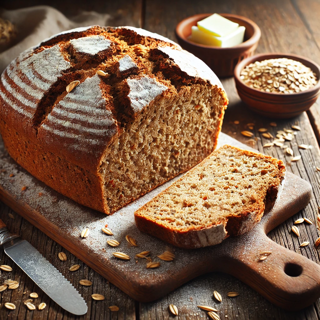A freshly baked wholemeal soda bread on a rustic wooden table, featuring a rustic, golden-brown crust with a slightly rough texture and a dusting of flour on top. A few slices are cut to reveal the dense yet soft interior, filled with whole grains. The loaf rests on a wooden cutting board, with scattered oats, a butter knife, and a small dish of butter nearby. Soft natural lighting enhances the warm, wholesome tones.