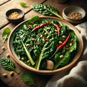 A beautifully plated dish of Wilted Swiss Chard with vibrant green leaves and tender stalks sautéed with garlic, chili, and toasted pine nuts. The dish is garnished with fresh mint and drizzled with olive oil, served in a rustic ceramic bowl on a wooden table. A linen napkin and a small dish of extra pine nuts complete the setting, with warm natural lighting highlighting the fresh colors and textures.