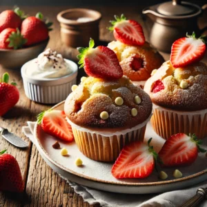 A beautifully plated batch of Wimbledon Muffins served on a rustic wooden table. The muffins are golden-brown and studded with fresh strawberries and white chocolate chips. Topped with a light dusting of powdered sugar and garnished with fresh strawberry slices. Arranged on a white ceramic plate with a side of clotted cream. The warm wooden table is more visible, providing a cozy and inviting setting.