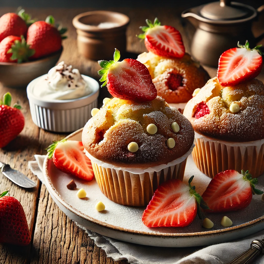 A beautifully plated batch of Wimbledon Muffins served on a rustic wooden table. The muffins are golden-brown and studded with fresh strawberries and white chocolate chips. Topped with a light dusting of powdered sugar and garnished with fresh strawberry slices. Arranged on a white ceramic plate with a side of clotted cream. The warm wooden table is more visible, providing a cozy and inviting setting.