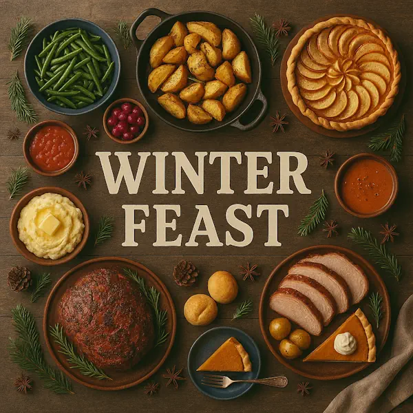 Top-down view of a rustic wooden table featuring a hearty winter feast arranged around a central sign labeled WINTER FEAST. Includes roasted potatoes, green beans, meatloaf, sliced pork, mashed potatoes with butter, apple and pumpkin pie, tomato sauce, cranberry sauce, and dinner rolls, all surrounded by pinecones, evergreen sprigs, and star anise for a seasonal touch.