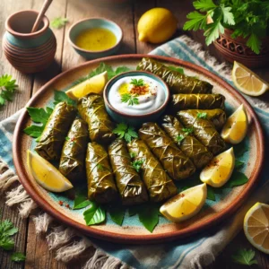 Yalanchi Dolmas, meatless stuffed grape leaves filled with rice, herbs, and spices, garnished with lemon wedges, olive oil, and parsley, served on a rustic plate with yogurt sauce in a Mediterranean setting.
