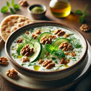 A beautifully plated bowl of Yogurt, Walnut & Cucumber Soup, featuring a creamy, chilled yogurt base mixed with finely chopped cucumbers, crushed walnuts, and fresh herbs like dill and mint. The bowl rests on a wooden table with soft, natural lighting highlighting the cool and elegant presentation.