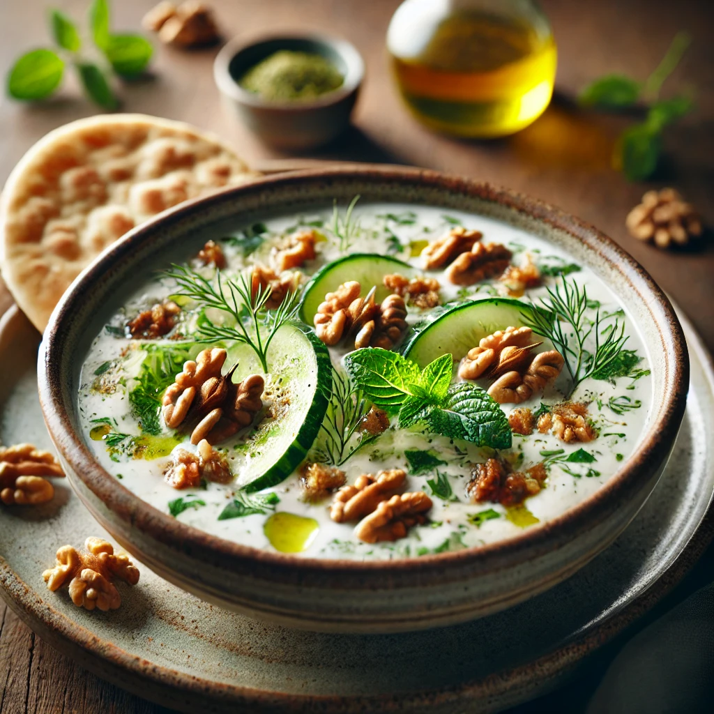 A beautifully plated bowl of Yogurt, Walnut & Cucumber Soup, featuring a creamy, chilled yogurt base mixed with finely chopped cucumbers, crushed walnuts, and fresh herbs like dill and mint. The bowl rests on a wooden table with soft, natural lighting highlighting the cool and elegant presentation.