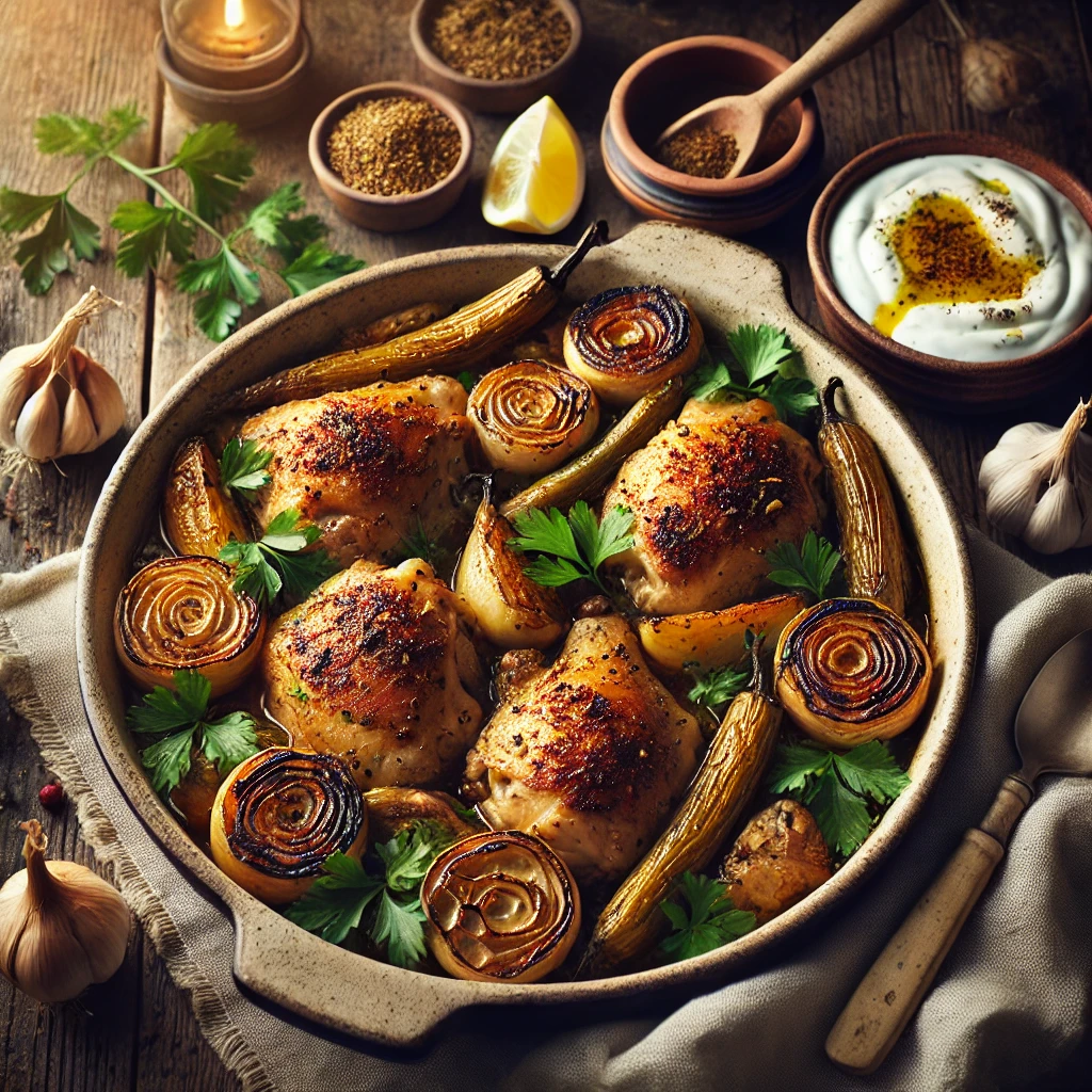 Za'atar Chicken with Tahini Yoghurt and Roast Shallots served in an artisan ANTA baking dish, featuring golden brown, crispy-skinned chicken thighs coated in za'atar spice, nestled among caramelized shallots and roasted garlic cloves. The dish is garnished with fresh parsley and a drizzle of lemon juice, accompanied by a small bowl of creamy tahini yoghurt, styled on a rustic wooden table with a linen napkin and lemon wedge.