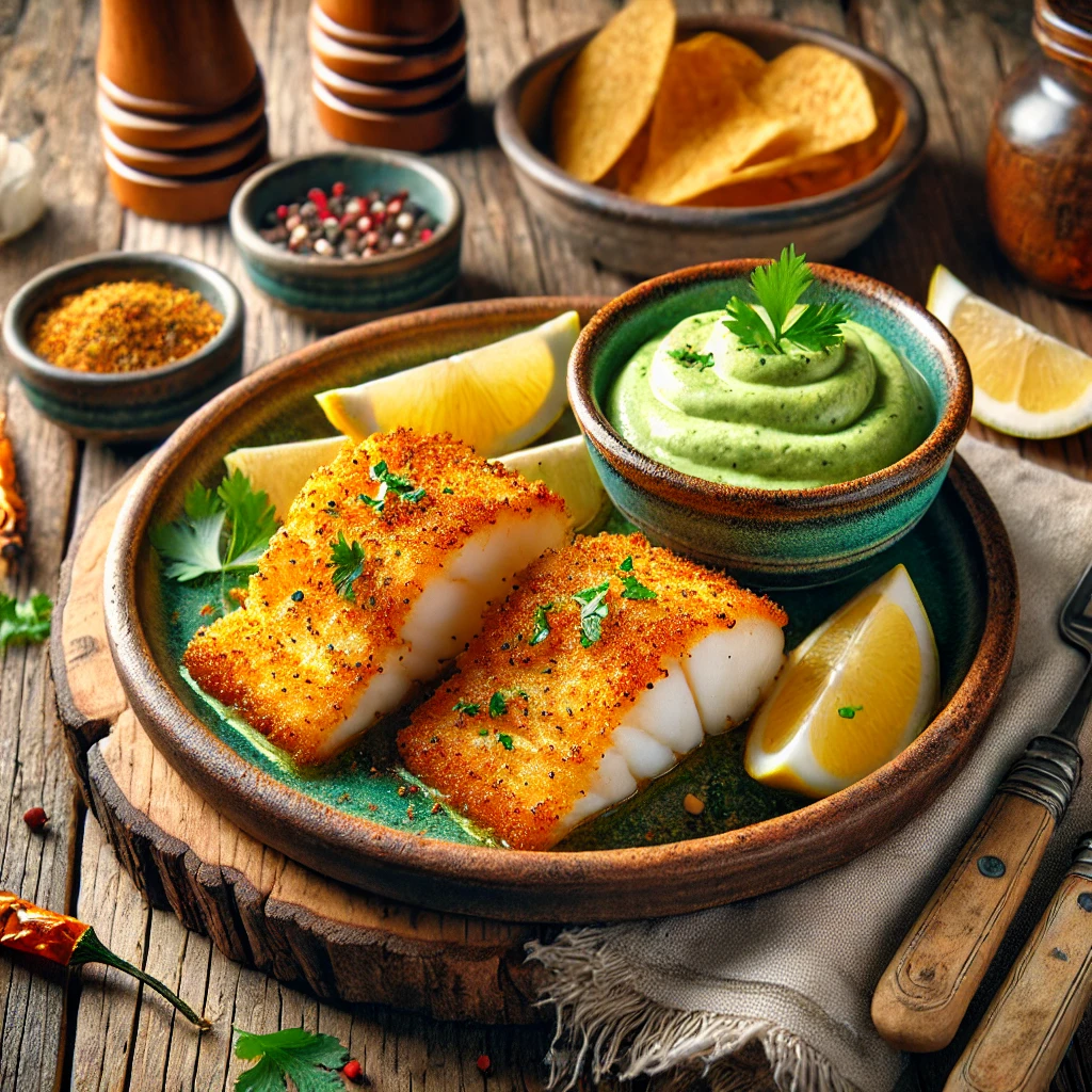 A vibrant presentation of Cajun Cod Fillets served on a rustic wooden plate, featuring golden, crispy fillets garnished with fresh herbs. The plate includes a side bowl of creamy avocado sauce, a lemon wedge, and a few tortilla chips. The background showcases a casual rustic dining setting, illuminated by natural light.