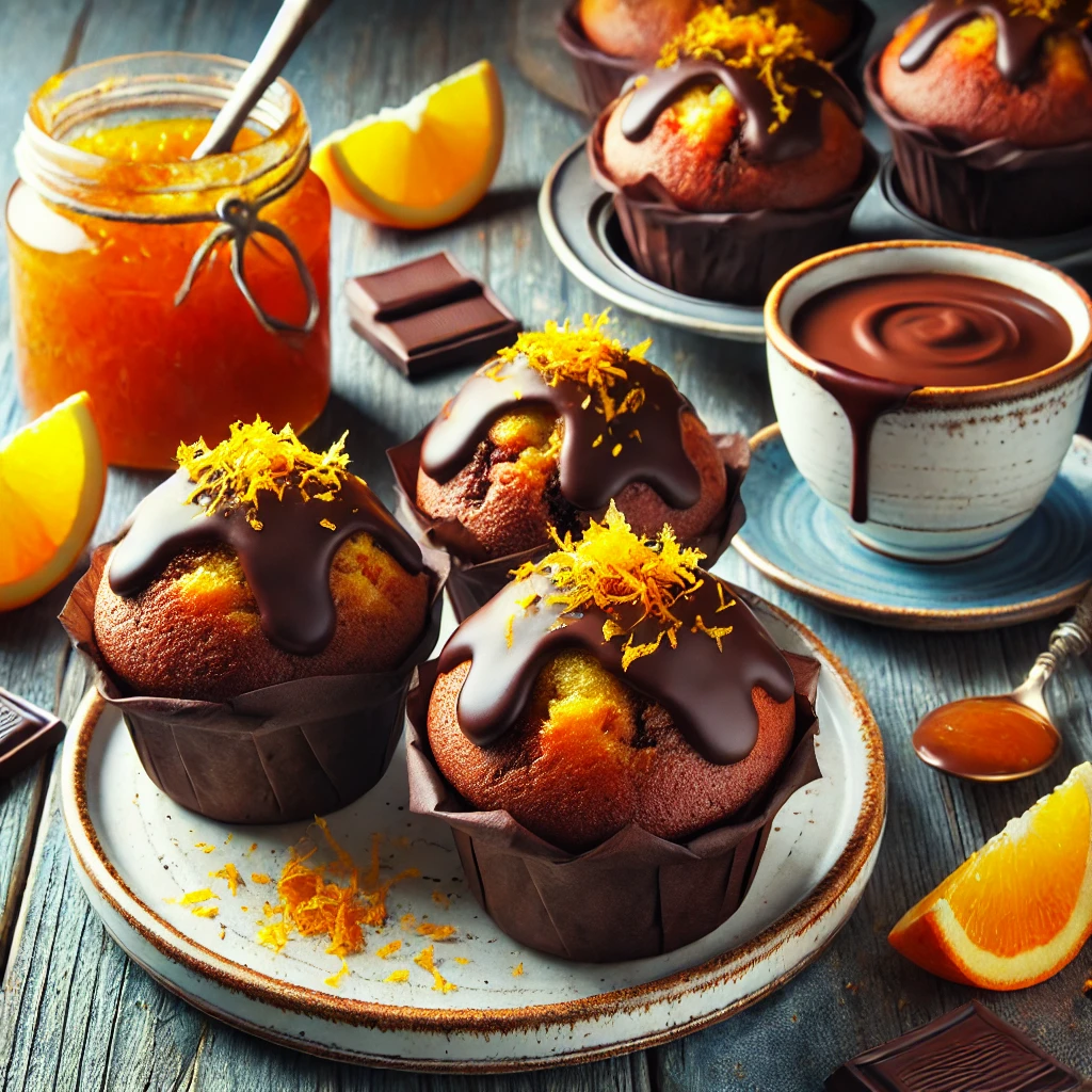 A vibrant and indulgent presentation of Zesty Chocolate Orange Marmalade Muffins served on a white ceramic plate. The muffins are golden brown with a drizzle of chocolate glaze and a garnish of orange zest. The setup includes a jar of orange marmalade, a small bowl of melted chocolate, and a cup of coffee on a rustic wooden table, illuminated by bright natural light to highlight their rich and zesty appeal, perfect for a breakfast treat or dessert.