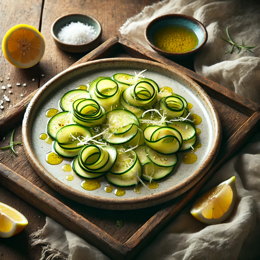 Courgette Carpaccio served on an artisan ANTA salad plate, featuring thin ribbons of fresh courgette drizzled with olive oil and lemon juice, garnished with delicate shavings of parmesan and a sprinkle of sea salt. The dish is styled on a rustic wooden table with a halved lemon and a small bowl of olive oil, illuminated by soft natural lighting for a fresh and elegant presentation.