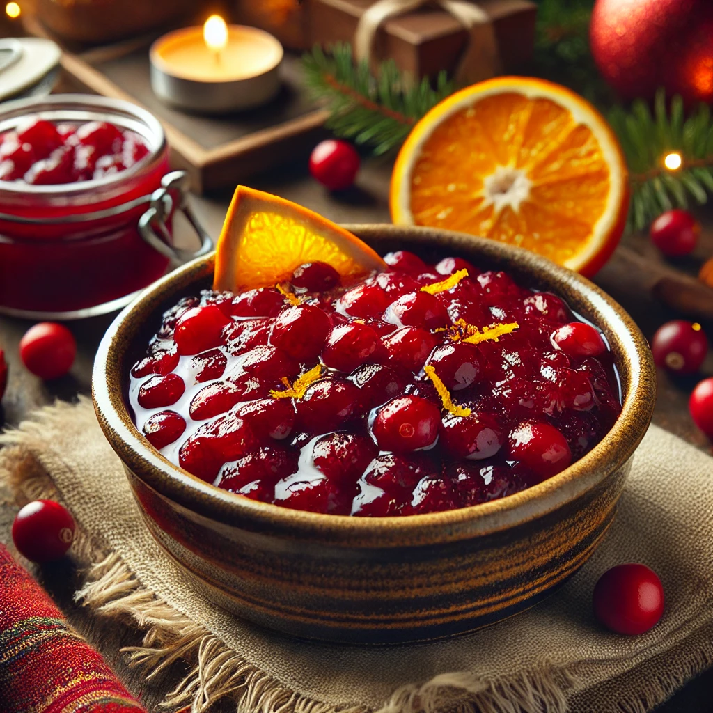 A rustic ceramic bowl filled with vibrant red cranberry and marmalade sauce, with whole cranberries and a thick, glossy texture. Fresh orange slices and a sprinkle of orange zest add a citrus touch. The setting includes cozy holiday decor, such as evergreen sprigs and warm-toned textiles, with soft natural lighting highlighting the sauce's rich color, creating a festive, inviting scene.