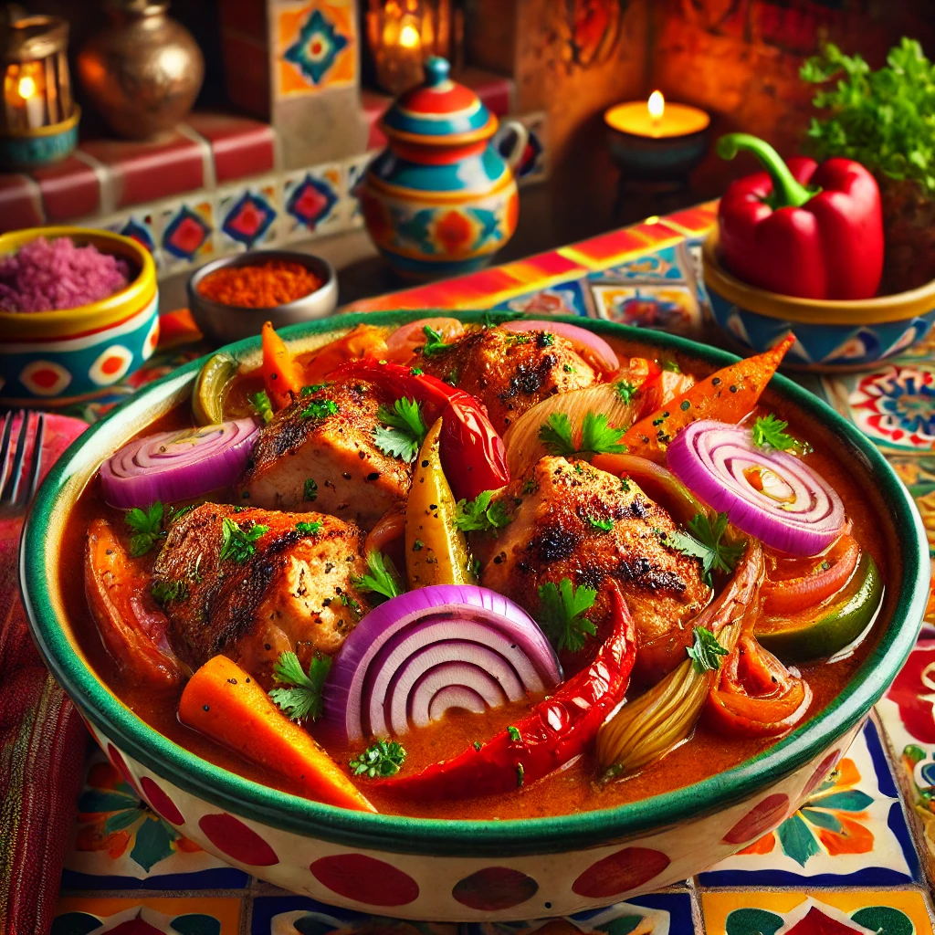 Creole turkey with bell peppers, onions, and carrots in a colorful Mexican-style bowl.