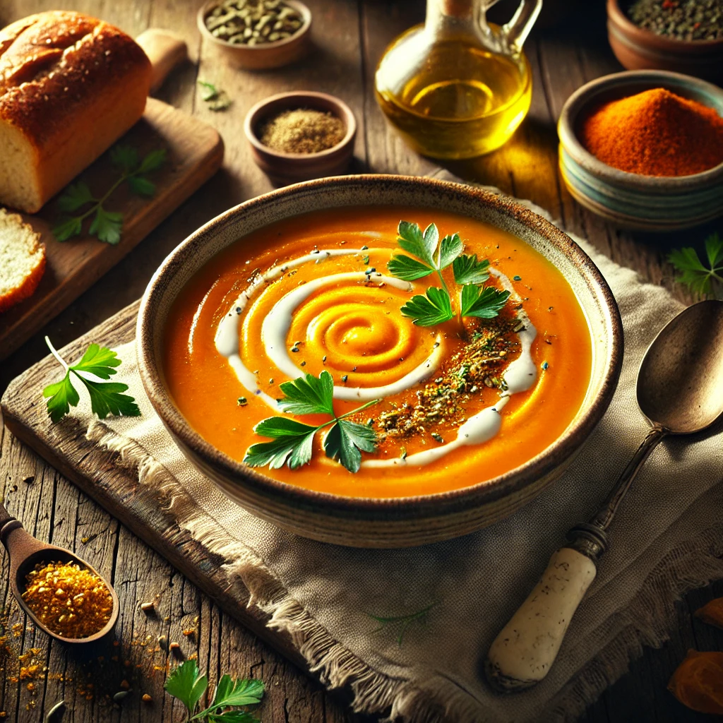 A bowl of zesty cumin carrot soup with a vibrant orange color, garnished with cream, cumin, and parsley, served on a rustic wooden table with bread and olive oil in the background.