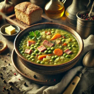 A bowl of hearty split pea soup with chunks of ham, carrots, and celery, garnished with parsley and pepper, served on a rustic wooden table with bread and butter in the background.