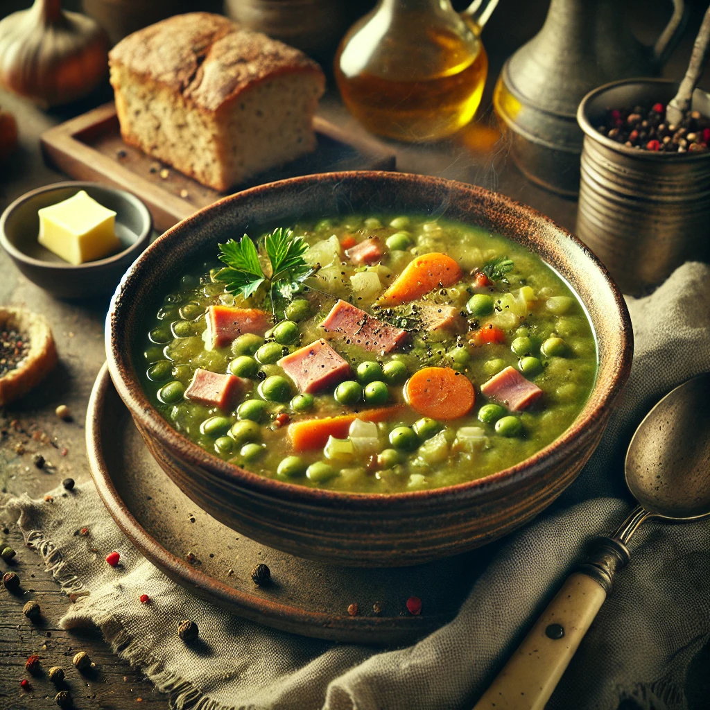 A bowl of hearty split pea soup with chunks of ham, carrots, and celery, garnished with parsley and pepper, served on a rustic wooden table with bread and butter in the background.