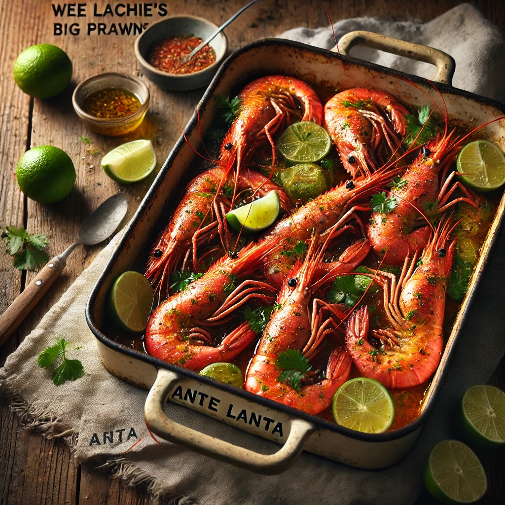 Wee Lachie's Big Prawns served in an artisan ANTA baking dish, vibrant pink and cooked in a buttery lime, garlic, and chili marinade, garnished with quartered limes and fresh parsley. The dish is styled on a rustic wooden table with a linen napkin, a small dish of extra marinade, and a wooden spoon, illuminated by soft natural lighting for a fresh and inviting seafood presentation.
