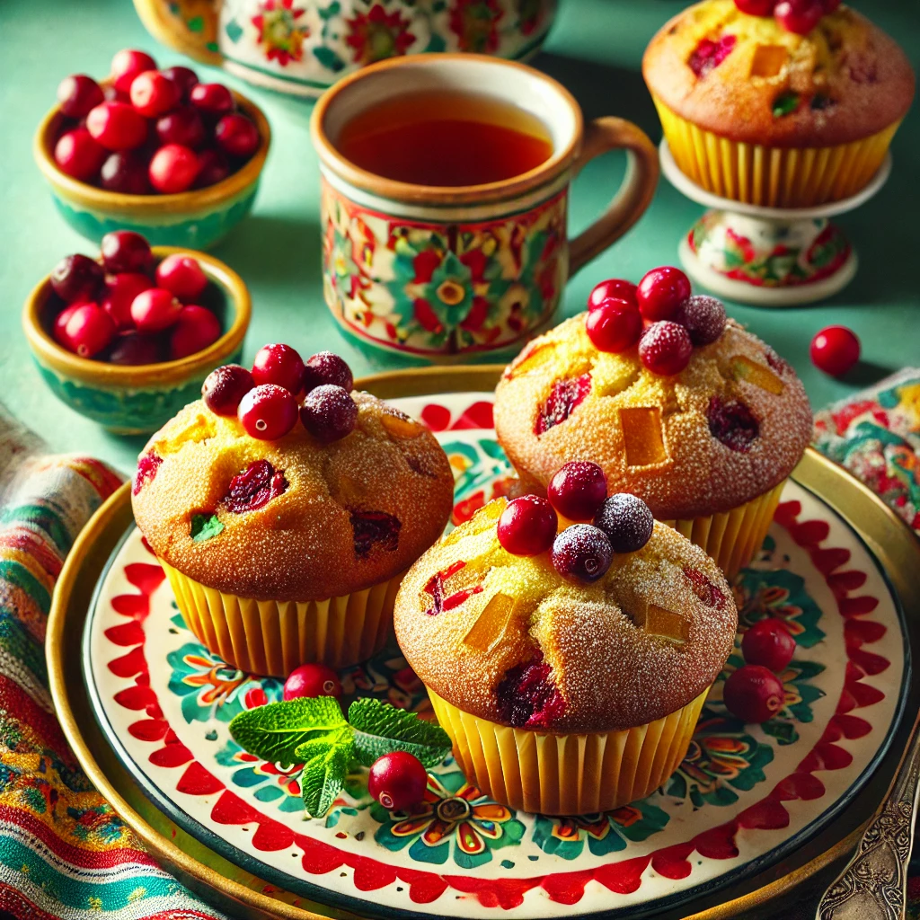 A vibrant and festive presentation of Zesty Ginger Cranberry Muffins served on a decorative ceramic plate. The muffins are golden brown with fresh cranberries and crystallized ginger pieces on top, garnished with a light dusting of powdered sugar. The setup includes a small bowl of cranberries, a sprig of mint, and a cup of tea on a cheerful tablecloth, illuminated by bright natural light to enhance their warm and zesty appeal, perfect for the holiday season or a cozy gathering.