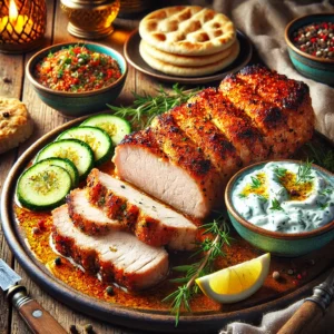 Golden-roasted Greek pork loin with a spiced crust, sliced and served on a rustic platter alongside creamy tzatziki sauce made with Greek yogurt, cucumber, and dill. Garnished with fresh herbs and paired with pita bread and lemon wedges, the dish is set on a Mediterranean-inspired table with warm natural lighting highlighting the vibrant and inviting textures.